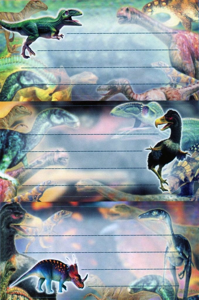 Schooletiketten dinosauriërs, dinosaurussen - 70 x 35mm - 18 stuks