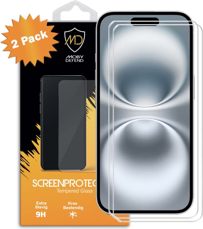 2-Pack MobyDefend Screenprotectors - Geschikt voor iPhone 16 - Case-Friendly Screensavers - Gehard Glas