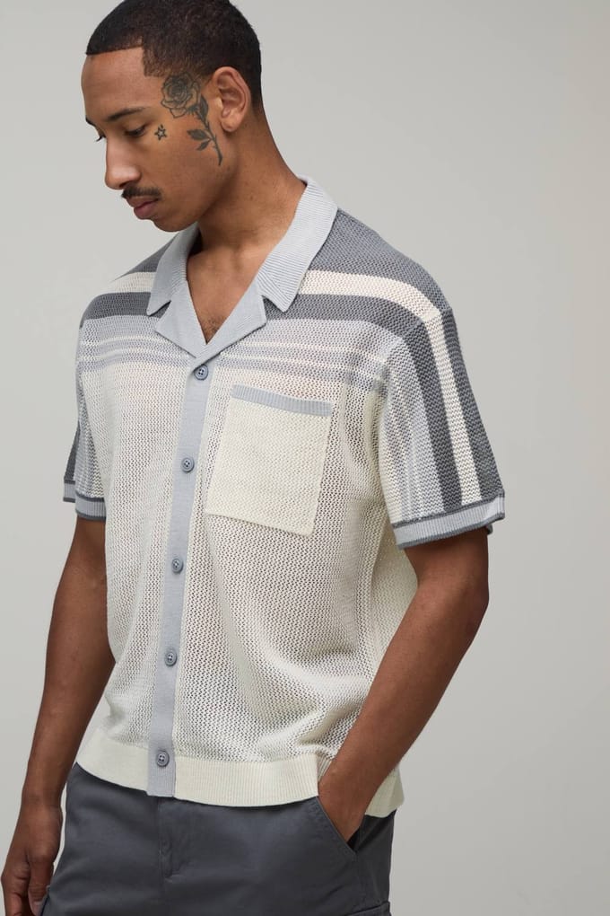 Ontspannen Boxy Open Steek Gestreept Gebreid Overhemd | Grey | Size Medium