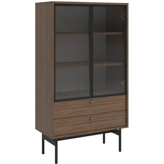 Selsey - OLAR - Lage vitrine met drie planken en twee lades - 85 cm - Natuurlijk Carini noten