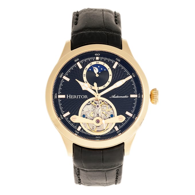 Heritor Automatic Gregory Semi-Skelet Horloge met Leren Band - Goud/Zwart