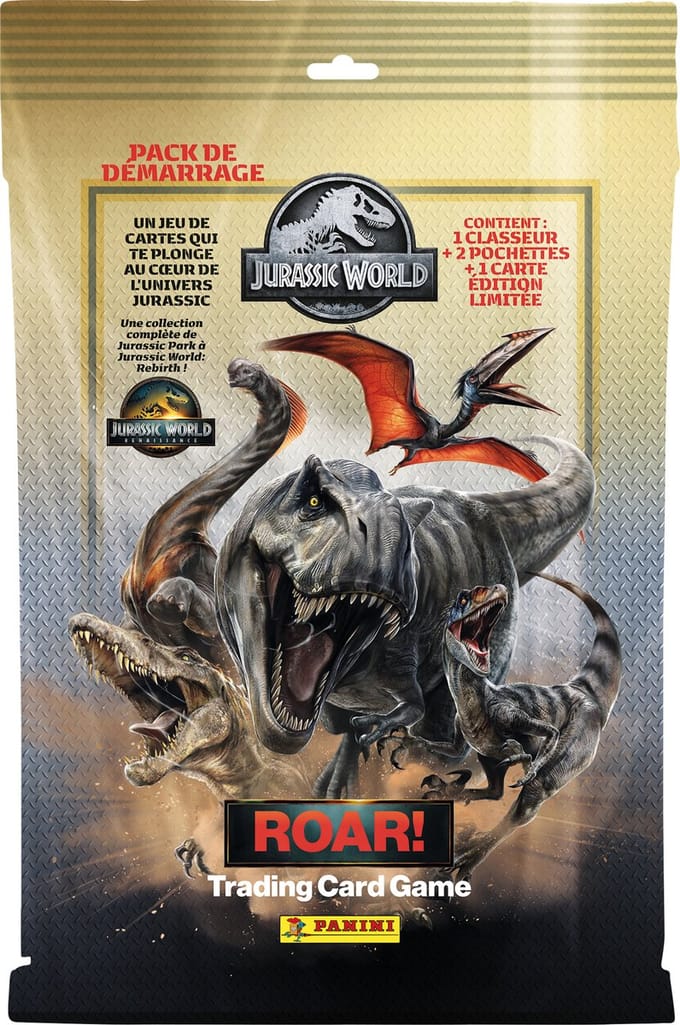Pack de démarrage - PANINI - JURASSIC WORLD 4 TCG - Album + 2 pochettes - 16 cartes - Carte Edition limitée N°1