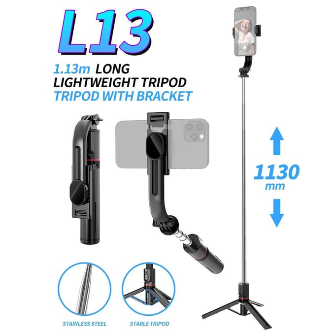 45,6-inch multifunctioneel selfiestick-desktopstatief met telescopische staaf 6 secties met telefoon zwart