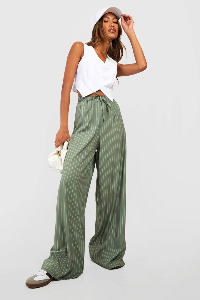 boohoo Dames Stripe Wide Leg Floaty Trousers | Kaki | Maat: 36