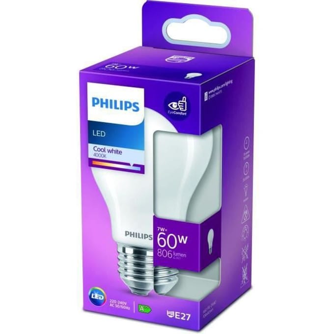 Philips LED lamp - Standaard lampvorm met E27 fitting - Koelwit licht: 4000K - 60W - Mat glas