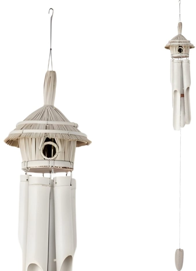 Windgong Vogelhuisje – Bamboe & Hout – Wit – 136 cm – Tuindecoratie met Rustgevend Geluid