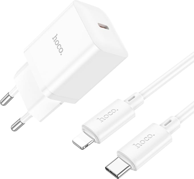 Hoco Oplader Geschikt voor Apple iPhones - Lightning Kabel naar Type C (1 Meter) & Stekker (N27) - USB C Snel Lader 20W - Wit