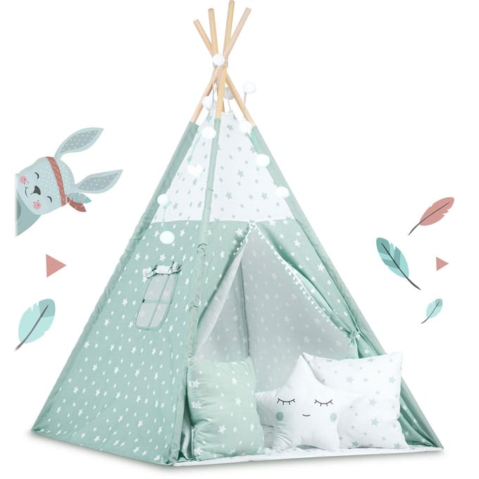 Tipi-tent voor kinderen met verlichting - mint met sterren