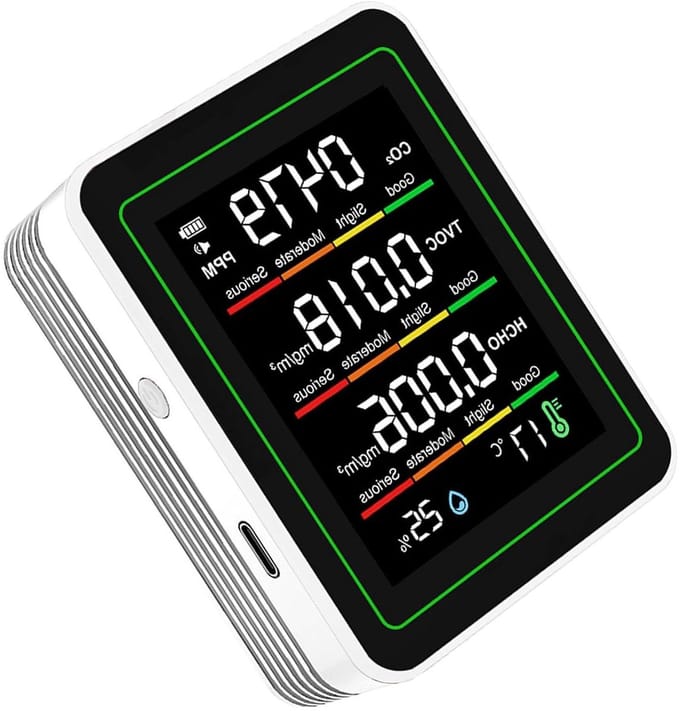 Luchtkwaliteitsmeter - CO2 meter Vochtigheidssensor - Binnenklimaat Monitoren - 5-in-1 Detectie - 90x70x35 mm - Wit