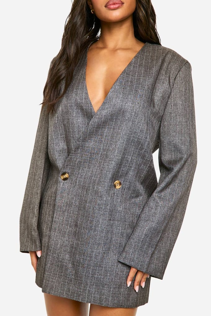 boohoo Dames Premium Heavy Pinstripe Oversized Blazerjurk | Bruin | Maat: 36