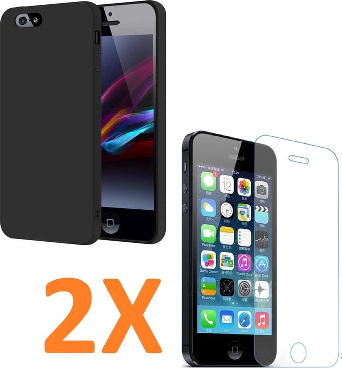 Soft TPU Zwart hoesje Silicone Case + 2 stuks Glas Screenprotector -  Geschikt voor: iPhone 5C