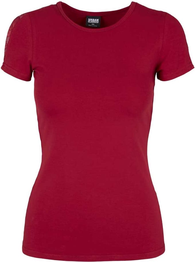 Urban Classics - Lace Shoulder Striped Dames T-shirt - L - Bordeaux rood