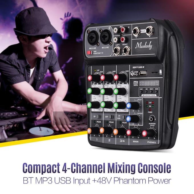 Muslady AI-4 Compact mengpaneel Digitale audiomixer 4-kanaals BT MP3 USB-ingang +48V Phantom zwart