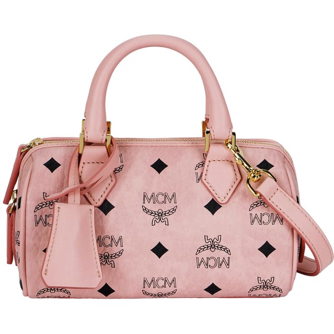 MCM Ella Monogram Gecoat Canvas en Leer Boston Tas Mini Dames handtassen Roze MWBESEA01PZ001 Basic Set (Bag+Dust Bag) beige