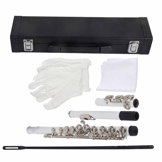 LADE C Sleutel 16 Gaten Messing Fluit Beginnerskit Opbergkoffer Reinigingsdoek Handschoenen (wit)