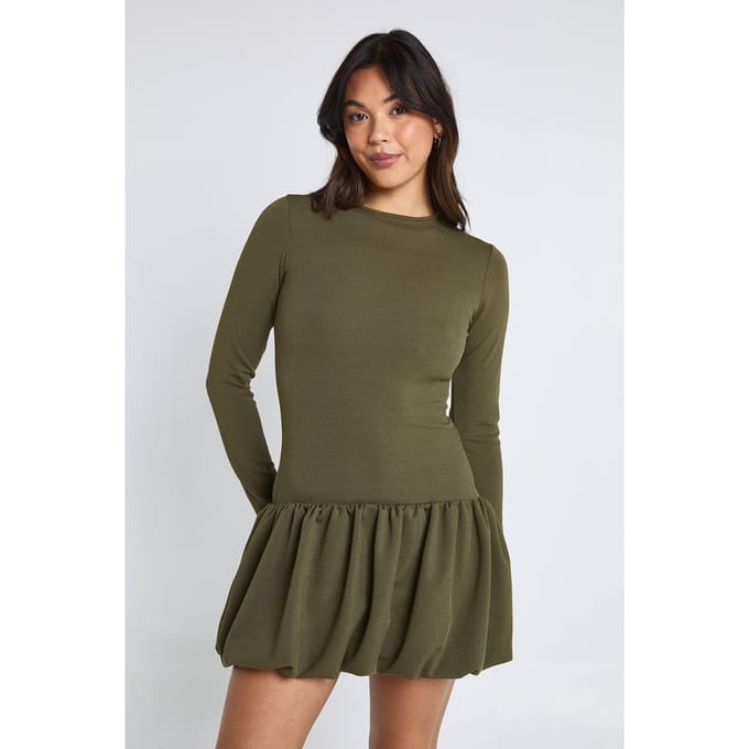 boohoo Dames Geribbelde Puffball mini-jurk | Khaki | Maat: 10