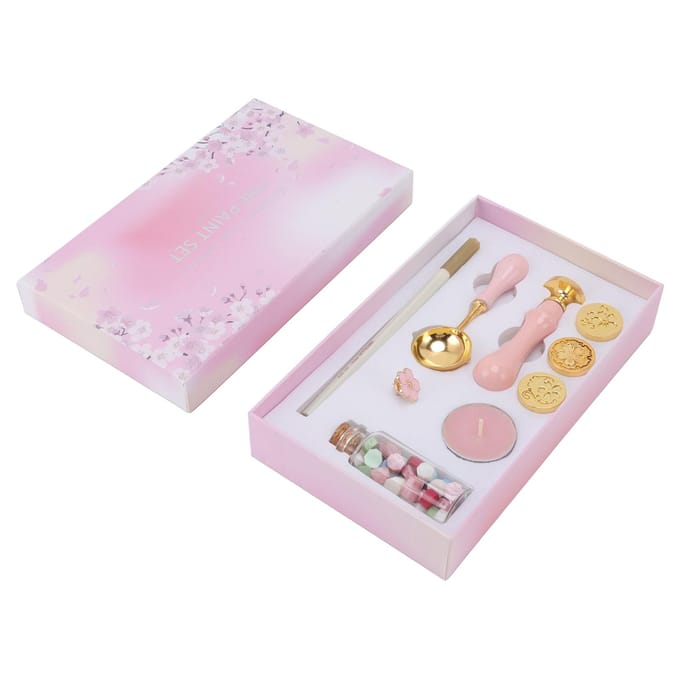 Kit de tampons à cacheter, motifs de tampons remplaçables, kit de tampons à cacheter en cire avec manche en bois, broche Sakura rose