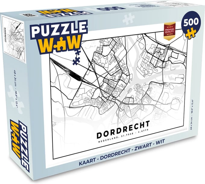 Puzzel Kaart - Dordrecht - Zwart - wit - Legpuzzel - Puzzel 500 stukjes