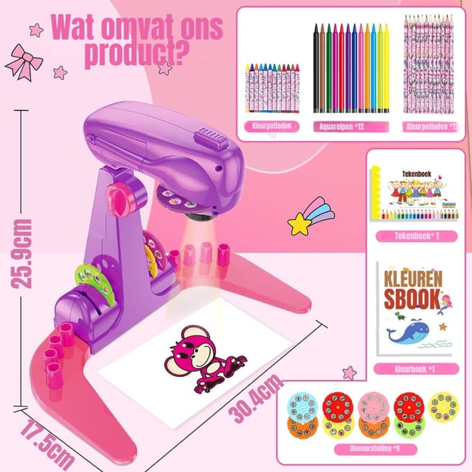 RVV® Tekenprojector Kinderen - Tekenprojector - Kinder Tekenprojector - met Accessoires - Roze en Paars- 17cm x 12cm x 24cm