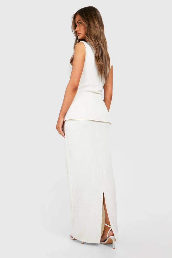 boohoo Dames Linnen-look getailleerde maxi-rok | Natural Beige | Maat: 42