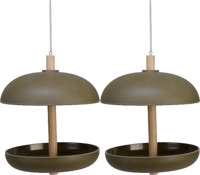 Decoris vogel voedersilo - 2x stuks - bamboe hout - donkergroen - 21 x 25 cm