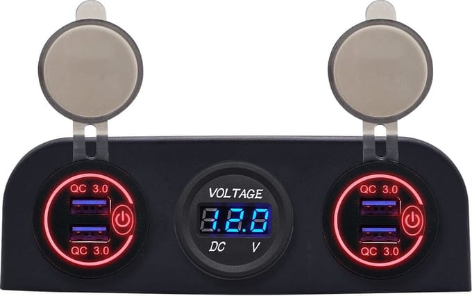 ProRide 12V USB Autolader 4 Poorten - QC3.0 - P12530 - Drievoudig opbouw paneel met Voltmeter