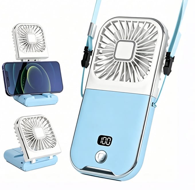 Oplaadbare handventilator / mini-ventilator – Opvouwbare persoonlijke ventilator – Persoonlijke ventilator (3000 mAh) – Handventilator met 7 bladen en led-display – Draagbare nekventilator – Compacte handventilator met instelbare snelheid – Blauw