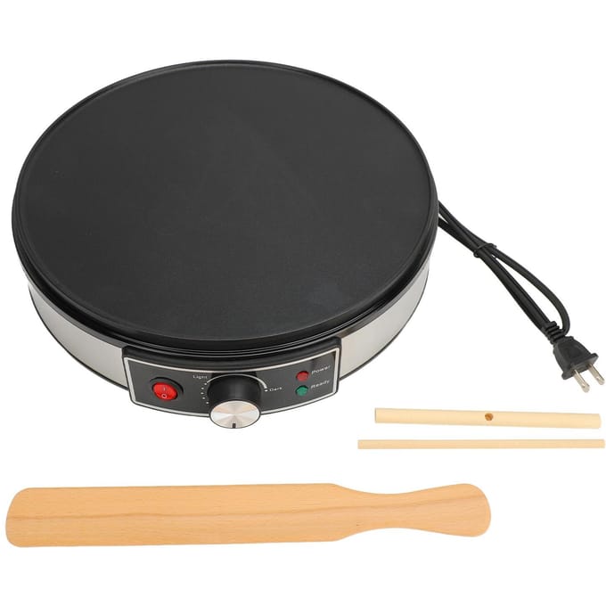 Elektrische Bakplaat Crêpemaker Kookplaat 30cm Hot Plate met Regelbare Temperatuurregeling Houten L gray