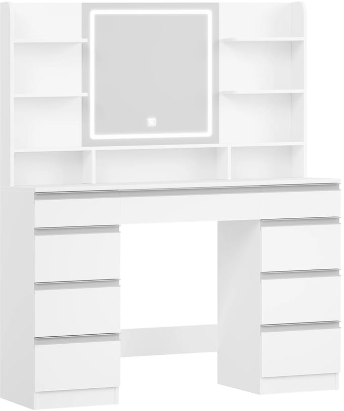 Miryx Kaptafel Met Spiegel en Verlichting - Make-up Tafel - Verstelbare Led (3 Kleuren) - 9 Laden - Grote Dressing Table - Wit