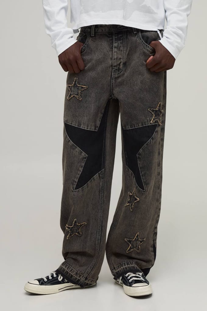Relaxed Fit Jeans Met Ster Patchwork | Stone | Size 28R