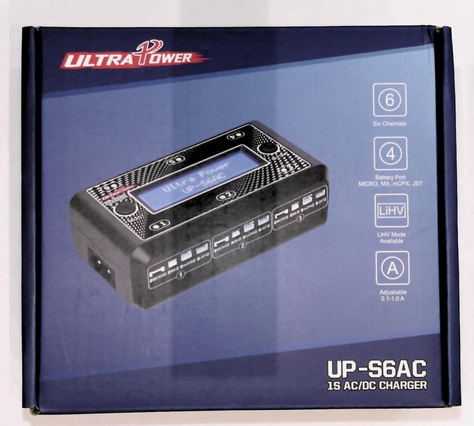 UP-S6AC 6-Poorts 1S LiPo/LiHV Batterijlader – AC/DC Multi-Laad Hub voor Drones en RC Modellen zwart