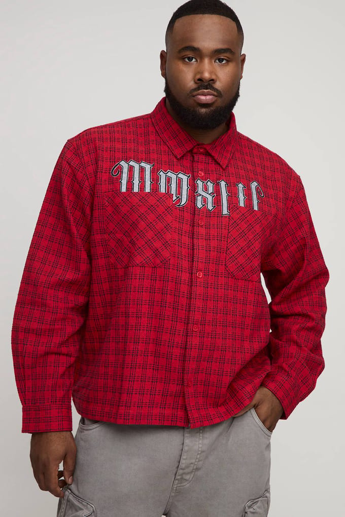 Plus Oversized Boxy Microcheck MMXIII Applique Double Pocket Long Sleeve Shirt | Red | Size 3XL