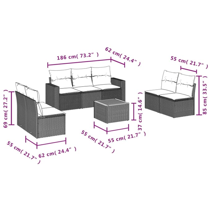 vidaXL - 8-delige - Loungeset - met - kussens - poly - rattan - grijs