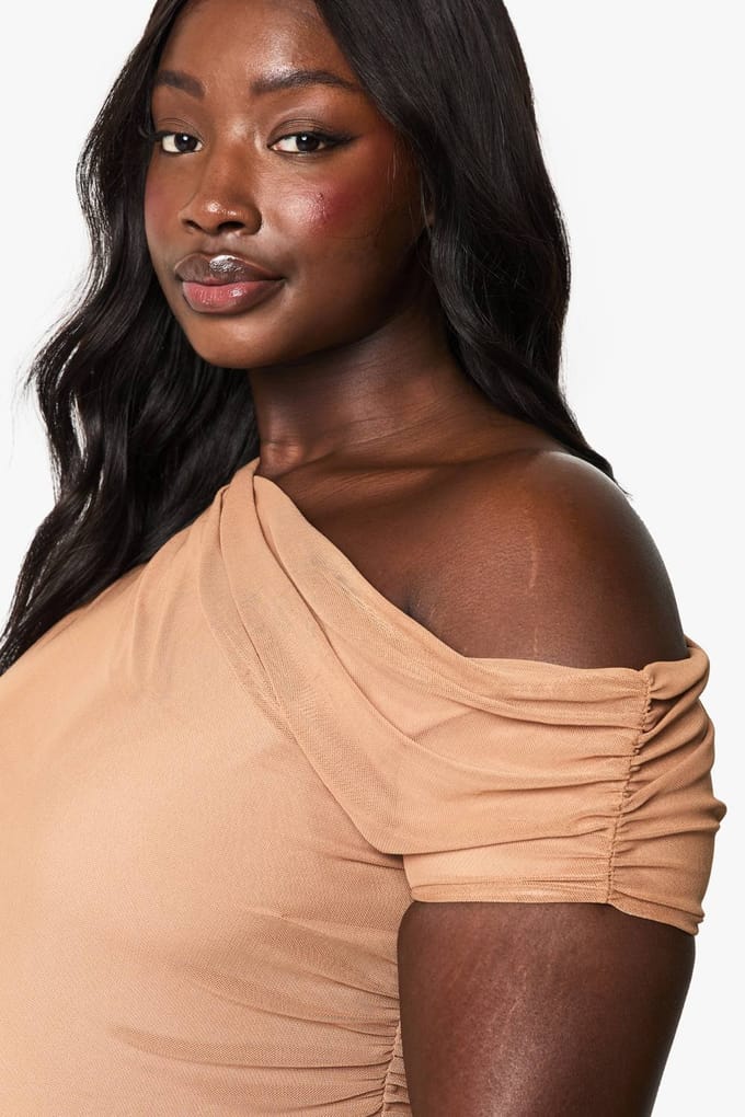 boohoo Dames PLUS MESH OVERLAY GERUCHTE BODYSUIT | Taupe | Maat: 52