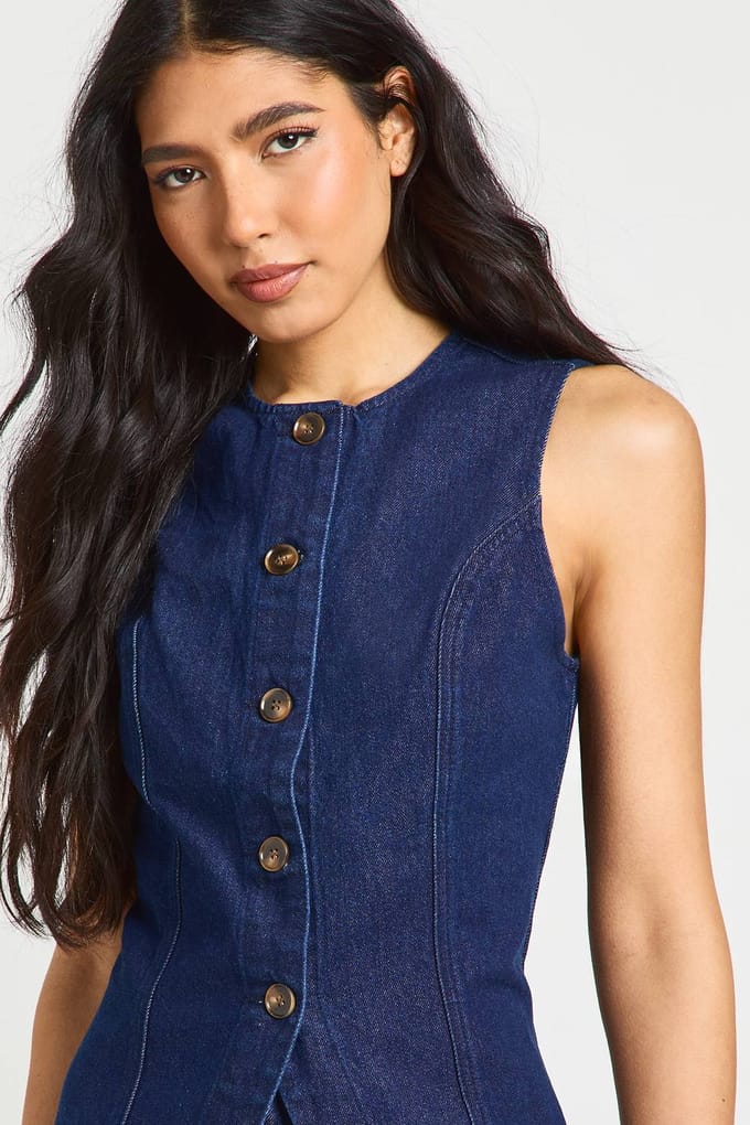 boohoo Dames Lang Mouwloos Spijkervestje Met Knoopsluiting | Indigo | Maat: 38