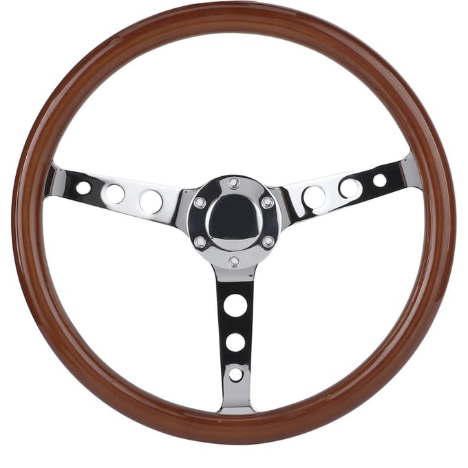 15in 6-gaats Stuurwiel Retro Mahonie Houten Grip RVS Spaken met Hoornkap Kabel gray