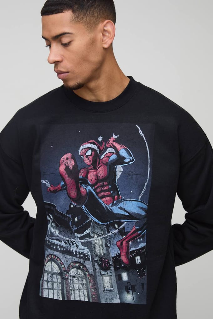 Oversized Spiderman Christmas License Print Sweatshirt | Black | Size Medium