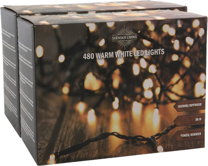 Svenska Living Kerstverlichting - 2x - 480 led lampjes - warm wit - 3600 cm - timer - dimmer