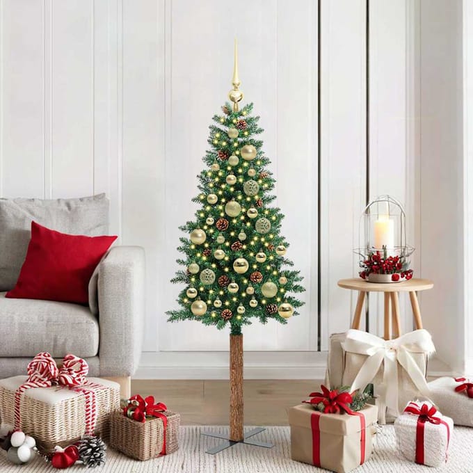vidaXL - Slanke - Kerstboom - Groen - 150 - cm - PVC - en - massief - dennenhout