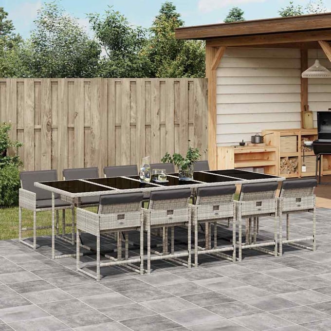 vidaXL - 11-delige - Tuinset - met - kussens - poly - rattan - lichtgrijs