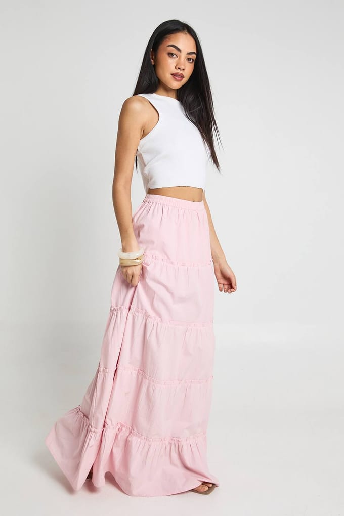 boohoo Dames Gelaagde Katoenen Popeline Maxi Rok | Roze | Maat: 36
