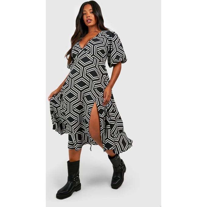 boohoo Dames Plus Mono Print Midi Smock Dress | Black | Maat: 18