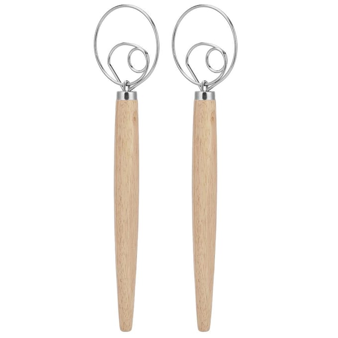 2 Stuks Roestvrij Staal Deegmixer Blender Handmatige Eierklopper met Eiken Handvat Keukenaccessoire beige