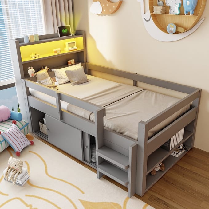 Sweiko Kinderbed - 90 x 200 cm - Opbergruimte - LED-verlichting - USB-oplaadpoort - Grijs
