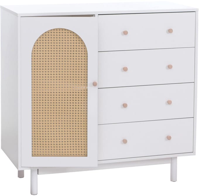 Commode MCW-P52, kast, dressoir, highboard, lades, opbergvakken, polyrotan, MDF, melamine, 95 x 100 x 40 cm ~ wit
