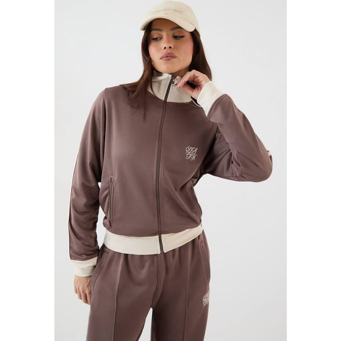 Dames DSGN Studio Tricot Contrast Ritssluiting Trainingsjack | Taupe | Maat: XS