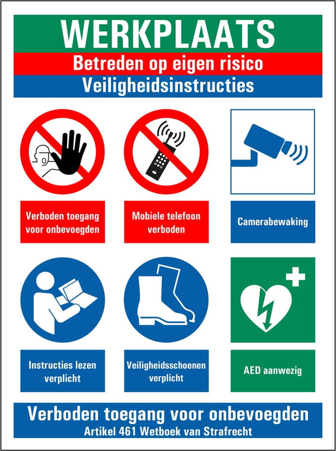 Werkplaats betreden op eigen risico sticker 200 x 150 mm