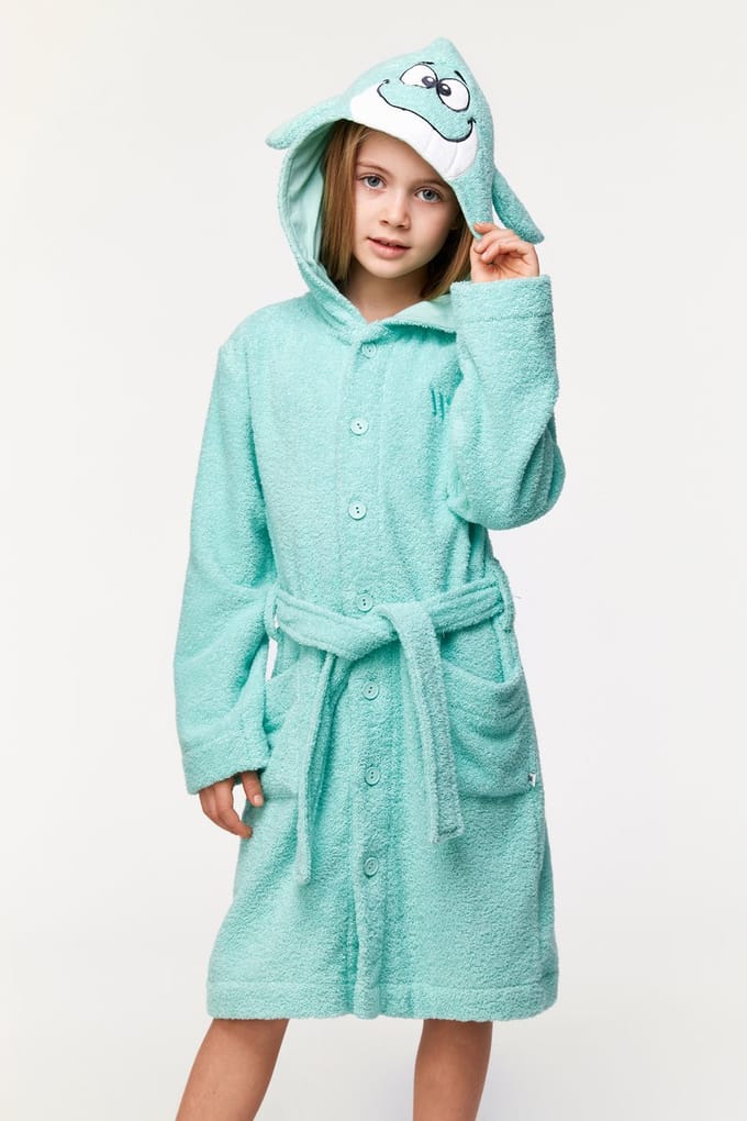 Woody badjas unisex - turquoise - walvis - 231-1-ROA-B/702 - maat 98