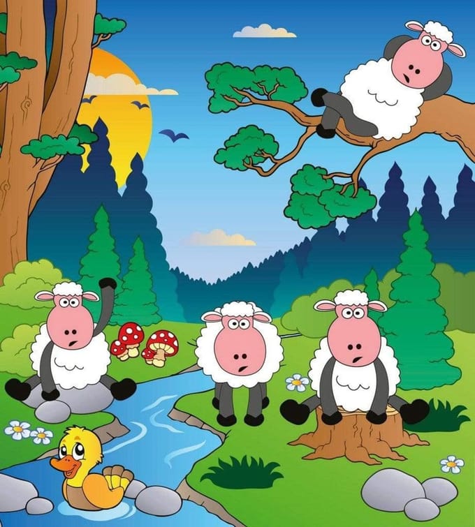 Fotobehang - Sheep in Forest 225x250cm - Vliesbehang