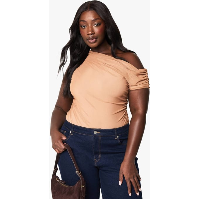 boohoo Dames PLUS MESH OVERLAY GERUCHTE BODYSUIT | Taupe | Maat: 52